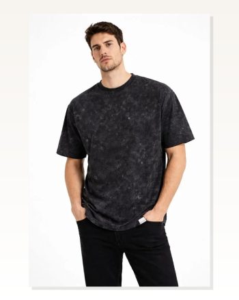 Erkek Günlük Stil Siyah Asit Yıkama Bisiklet Yaka Kısa Kollu Tişört Oversize