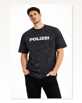 Erkek Asit Yıkamalı Baskılı Tişört Bisiklet Yaka Kısa Kollu Streetwear T-shirt Siyah