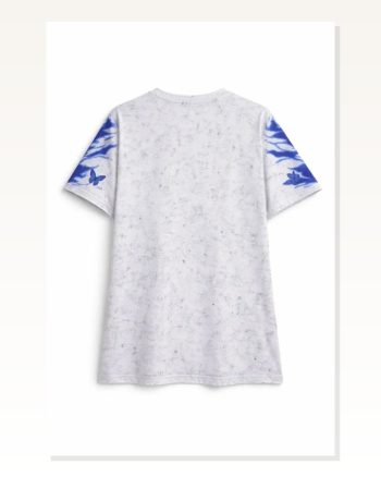 Erkek Baskılı Günlük Stil Beyaz Asit Yıkamalı Mavi Kelebek Dijital Print Bisiklet Yaka Streetwear Tişört