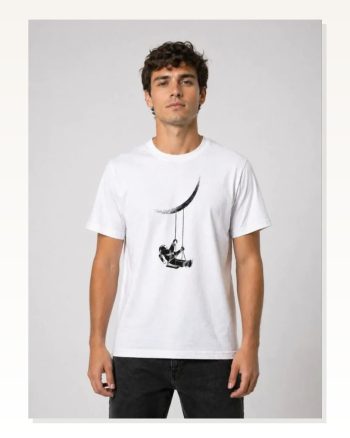 Erkek Astronot Ay Temalı Tişört Kısa Kol Yazlık Bisiklet Yaka T-shirt Beyaz