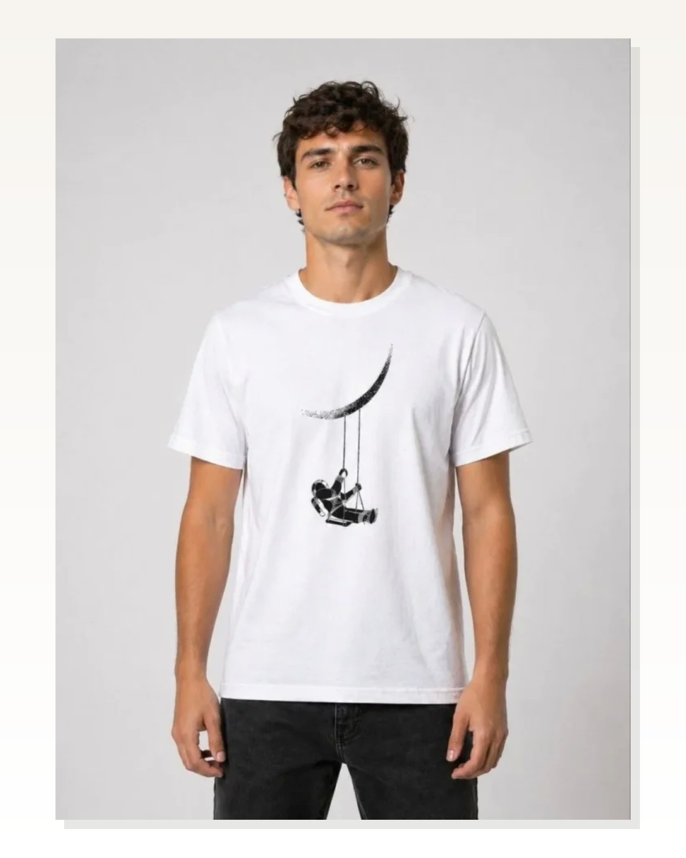 Erkek Astronot Ay Temalı Tişört Kısa Kol Yazlık Bisiklet Yaka T-Shirt - Beyaz Marketplace blank