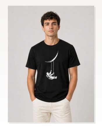 Erkek Astronot Ay Temalı Tişört Kısa Kol Yazlık Bisiklet Yaka T-shirt Siyah