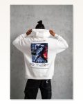 Erkek Astronot Baskılı Kapüşonlu Sweat Beyaz