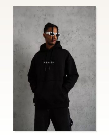 Erkek Astronot İllüstrasyon Baskılı Siyah Kapüşonlu Sweatshirt