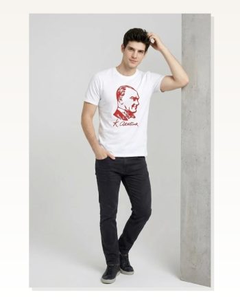 Erkek Atatürk Baskılı Tişört Kısa Kollu Bisiklet Yaka T-shirt Beyaz