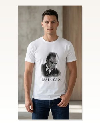 Erkek Atatürk Baskılı Tişört Kısa Kollu Bisiklet Yaka T-shirt Beyaz