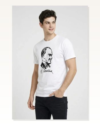 Erkek Atatürk Baskılı Tişört Kısa Kollu Bisiklet Yaka T-shirt Beyaz