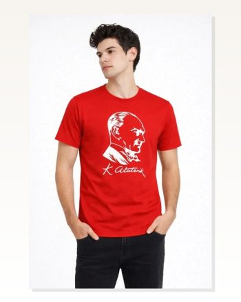 Erkek Atatürk Baskılı Tişört Kısa Kollu Bisiklet Yaka T-shirt Kırmızı