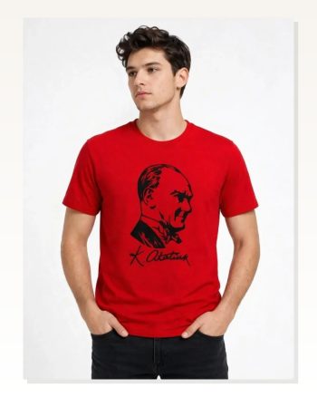 Erkek Atatürk Baskılı Tişört Kısa Kollu Bisiklet Yaka T-shirt Kırmızı