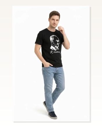 Erkek Atatürk Baskılı Tişört Kısa Kollu Bisiklet Yaka T-shirt Siyah
