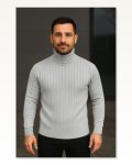 Fitilli Dokuma Erkek Günlük Şıklık Gri Balıkcı Yaka Bağazlı Pamuklu Kalın , Regular Fit Uzun Kollu Kışlık Model Triko Kazak Marketplace