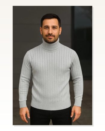 Erkek Fitilli Dokuma Gri Balıkcı Yaka Bağazlı Pamuklu Kalın Regular Fit Uzun Kollu Kışlık Model Triko Kazak
