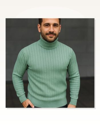 Erkek Fitilli Dokuma Mint Yeşili Balıkcı Yaka Bağazlı Pamuklu Kalın Regular Fit Uzun Kollu Kışlık Model Triko