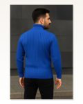 Erkek Fitilli Dokuma Saks Mavisi Balıkcı Yaka Bağazlı Pamuklu Kalın Regular Fit Uzun Kollu Kışlık Model Triko