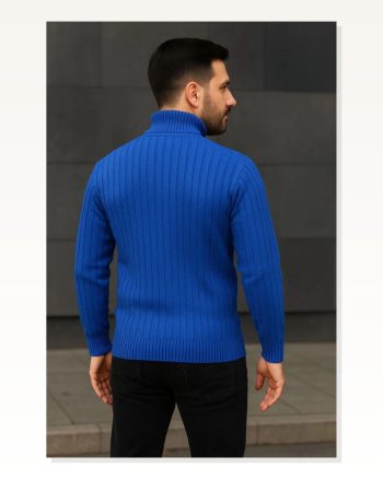 Erkek Fitilli Dokuma Saks Mavisi Balıkcı Yaka Bağazlı Pamuklu Kalın Regular Fit Uzun Kollu Kışlık Model Triko
