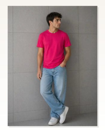 Erkek Basic Pamuklu Tişört Bisiklet Yaka Düz Renk Regular Fit T-shirt Fuşya