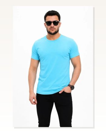 Erkek Basic Tişört Bisiklet Yaka Kısa Kol Günlük Yazlık Slim Fit T-shirt Açık Mavi