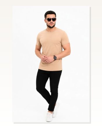 Erkek Basic Tişört Bisiklet Yaka Kısa Kol Günlük Yazlık Slim Fit T-shirt Bej
