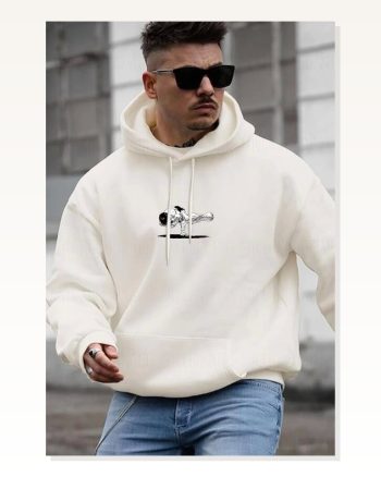 Erkek Baskılı Sokak Stili Beyaz Kapüşonlu ve Kordon İpli Sweat
