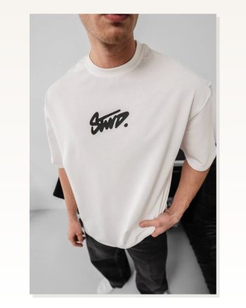 Erkek Baskılı Günlük Stil Beyaz Oversize Tişört