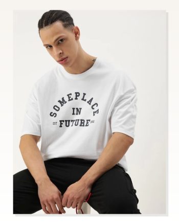 Erkek Baskılı Günlük Stil Beyaz Oversize Tişört