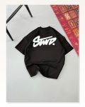 Erkek Baskılı Günlük Stil Siyah Oversize Tişört