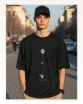 Erkek Baskılı Günlük Stil Siyah Oversize Tişört