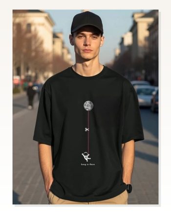 Erkek Baskılı Günlük Stil Siyah Oversize Tişört