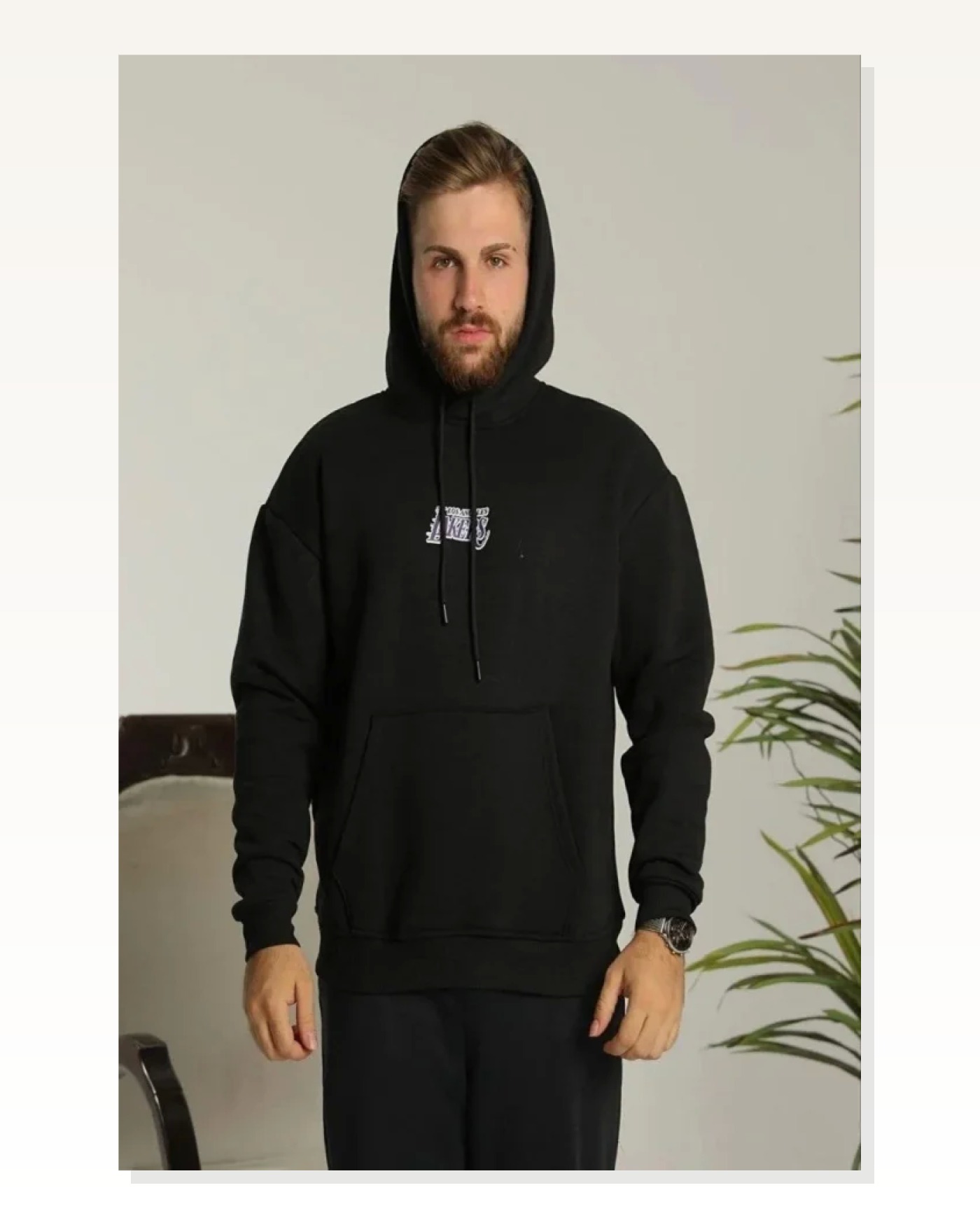 Baskılı Erkek Salaş Stil Siyah Oversize Üç İplik Kapüşonlu Sweatshirt Marketplace blank