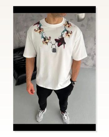 Erkek Baskılı Beyaz Kısa Kol Bisiklet Yaka Regular Fit Rahat Kalıp Günlük Tişört