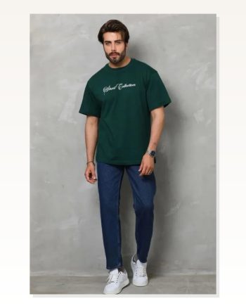 Erkek Baskılı Çağla Yeşili Kısa Kol Bisiklet Yaka Regular Fit Rahat Kalıp Günlük Tişört