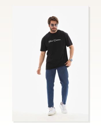 Erkek Baskılı Siyah Kısa Kol Bisiklet Yaka Regular Fit Rahat Kalıp Günlük Tişört