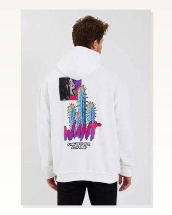 Erkek Modern Sanat Baskılı Beyaz Üç İplik Kapüşonlu Sweatshirt
