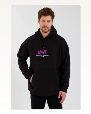 Erkek Modern Sanat Baskılı Siyah Üç İplik Kapüşonlu Sweatshirt