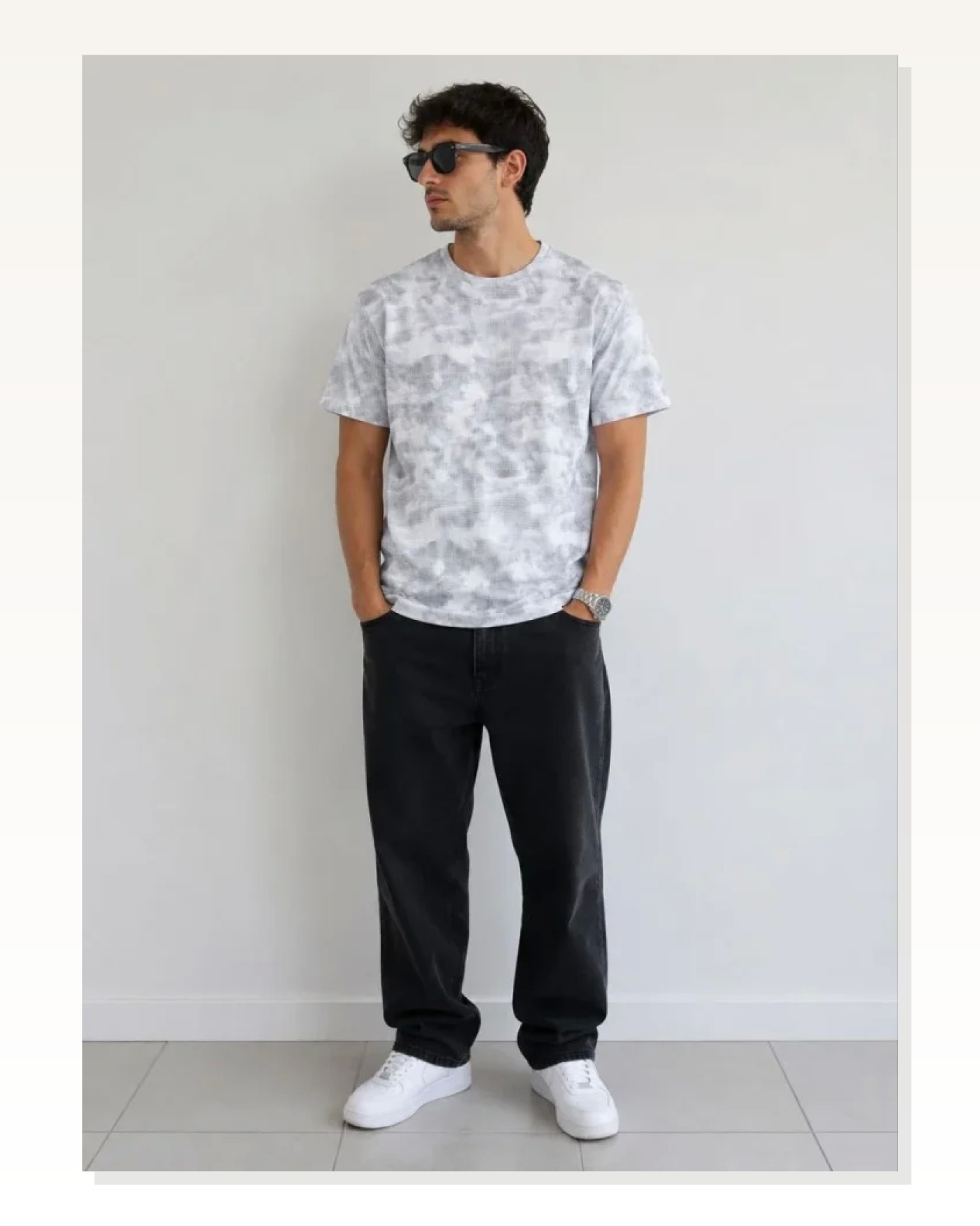 Erkek Batik Desenli Tişört Bisiklet Yaka Kısa Kol Regular Fit T-shirt - Gri Marketplace blank