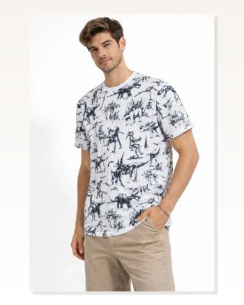 Erkek Baskılı Günlük Stil Beyaz Dinozor Desenli Regular Fit, Bisiklet Yaka, Dijital Pamuklu Tişört