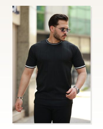 Erkek Bisiklet Yaka Çizgi Desenli Ribanalı Kısa Kollu Tshirt