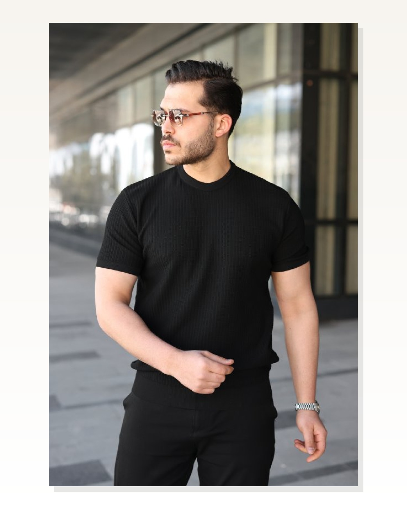 Erkek Bisiklet Yaka Petek Dokulu Kısa Kollu Triko Tişört Marketplace blank