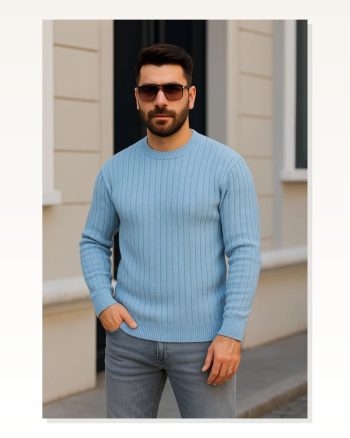 Erkek Fitilli Dokuma Bebe Mavisi Pamuklu Bisiklet Yaka Triko Kazak