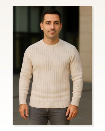 Erkek Fitilli Dokuma Bej Bisiklet Yuvarlak Yaka Pamuklu Kalın Regular Fit Uzun Kollu Kışlık Model Triko Kazak