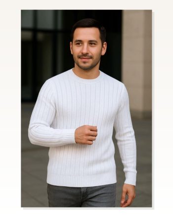 Erkek Fitilli Dokuma Beyaz Bisiklet Yuvarlak Yaka Pamuklu Kalın Regular Fit Uzun Kollu Kışlık Model Triko