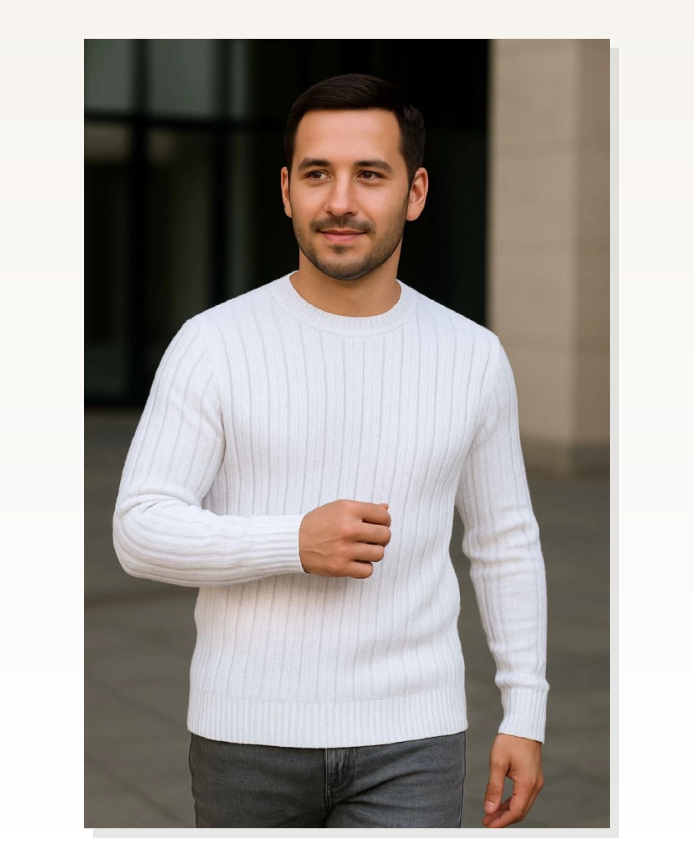 Fitilli Dokuma Erkek Günlük Şıklık Beyaz Bisiklet Yuvarlak Yaka Pamuklu Kalın , Regular Fit Uzun Kollu Kışlık Model Triko Kazak Marketplace blank