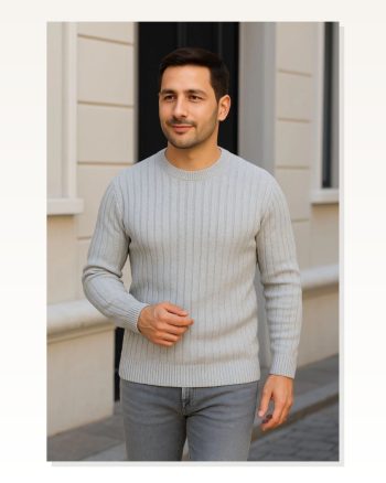 Erkek Fitilli Dokuma Gri Bisiklet Yuvarlak Yaka Pamuklu Kalın Regular Fit Uzun Kollu Kışlık Model Triko Kazak