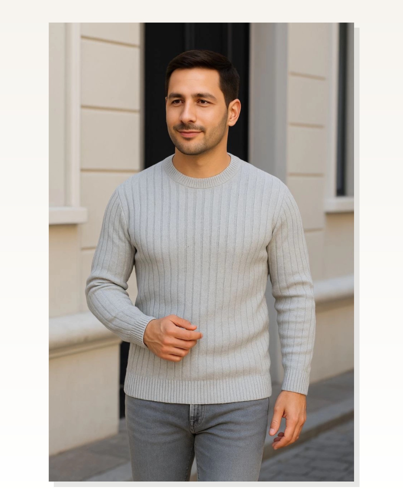 Fitilli Dokuma Erkek Günlük Şıklık Gri Bisiklet Yuvarlak Yaka Pamuklu Kalın , Regular Fit Uzun Kollu Kışlık Model Triko Kazak Marketplace blank