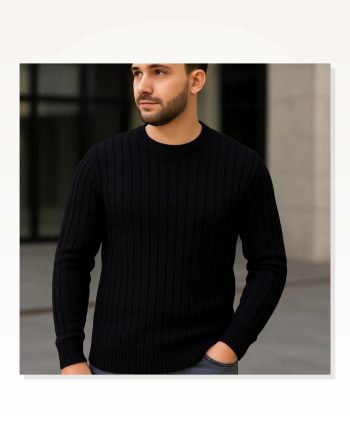 Erkek Fitilli Dokuma Siyah Bisiklet Yuvarlak Yaka Pamuklu Kalın Regular Fit Uzun Kollu Kışlık Model Triko