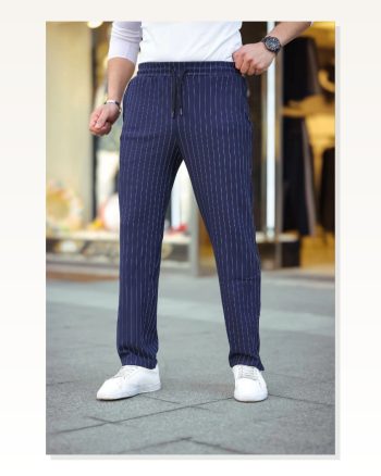 Erkek İnce Çizgili Krep Dokuma Lacivert Jogger Buggy Pantolon