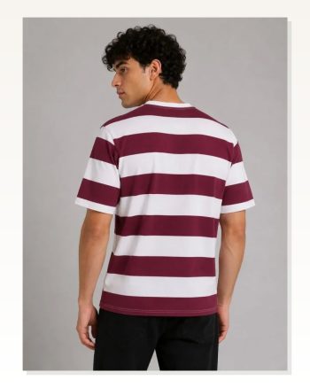Erkek Çizgili Oversize Tişört Bisiklet Yaka Kısa Kol Yazlık T-shirt Bordo
