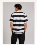 Erkek Çizgili Oversize Tişört Bisiklet Yaka Kısa Kol Yazlık T-shirt Siyah