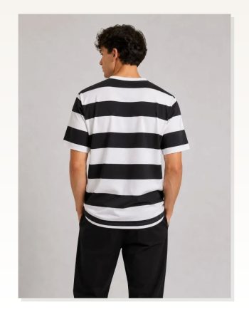 Erkek Çizgili Oversize Tişört Bisiklet Yaka Kısa Kol Yazlık T-shirt Siyah