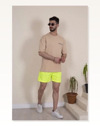 Erkek Deniz Şortu Fermuarlı Cepli File Astarlı Neon Yeşili